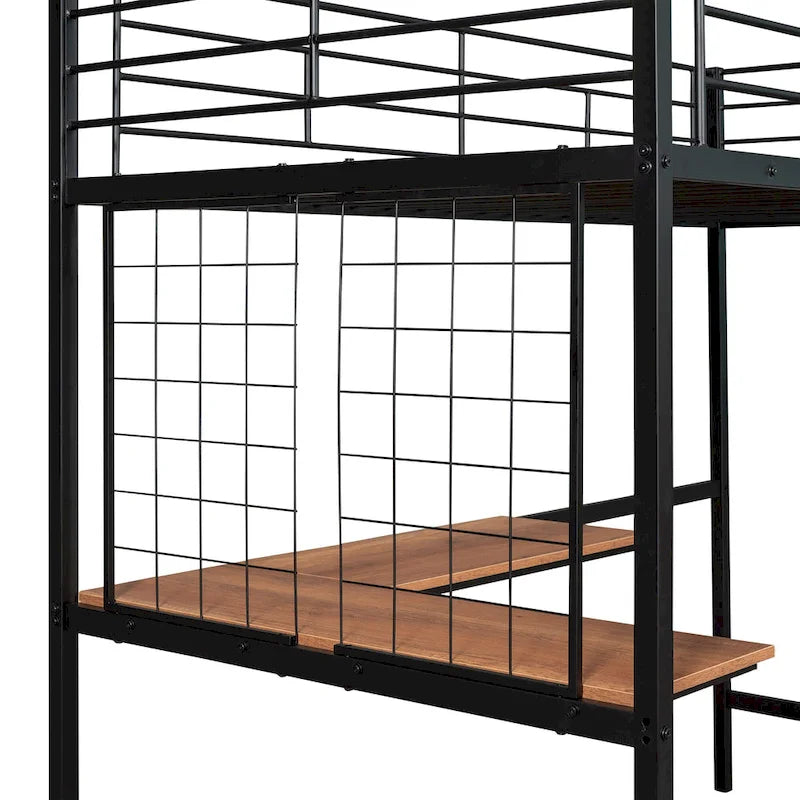 Black Twin Size Metal Loft Bed with Desk, Ladder, and Metal Grid for Kids