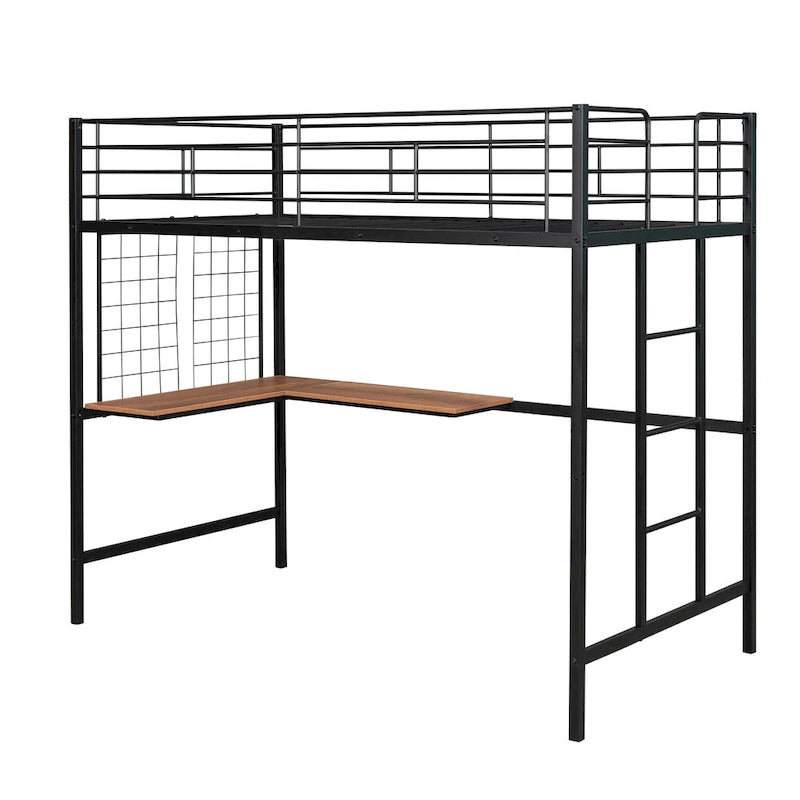 Black Twin Size Metal Loft Bed with Desk, Ladder, and Metal Grid for Kids