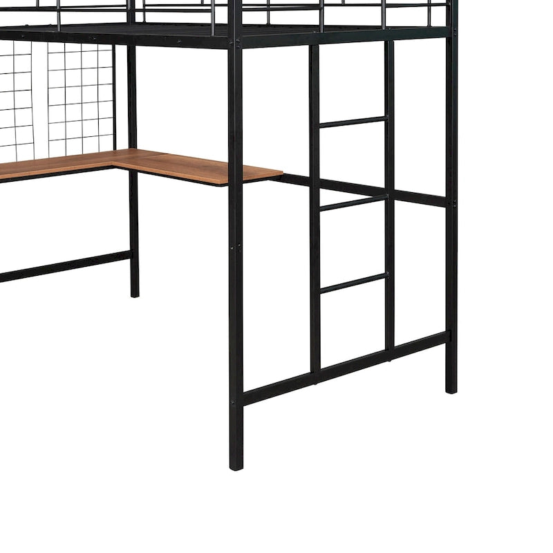 Black Twin Size Metal Loft Bed with Desk, Ladder, and Metal Grid for Kids