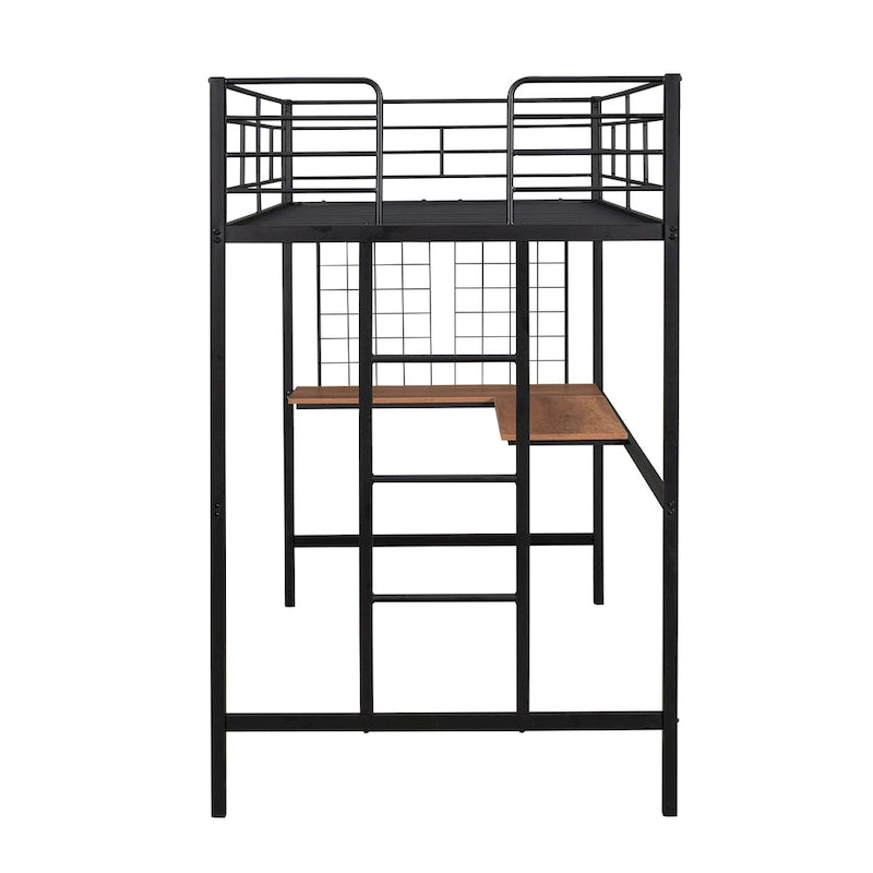 Black Twin Size Metal Loft Bed with Desk, Ladder, and Metal Grid for Kids