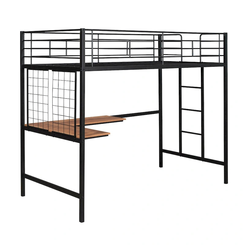 Black Twin Size Metal Loft Bed with Desk, Ladder, and Metal Grid for Kids