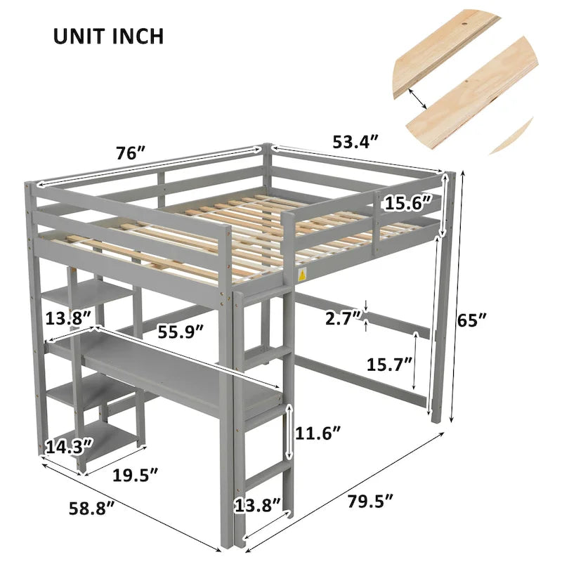 Grey Full Size Wood Loft Bed with Built-in Desk and Guardrails