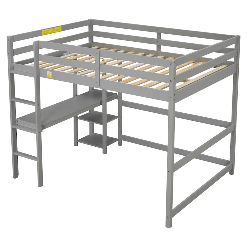 Grey Full Size Wood Loft Bed with Built-in Desk and Guardrails