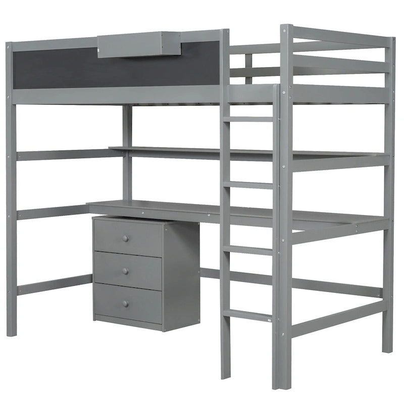 Gray Twin Size Solid Wood Loft Bed with Desk, Blackboard, and Storage