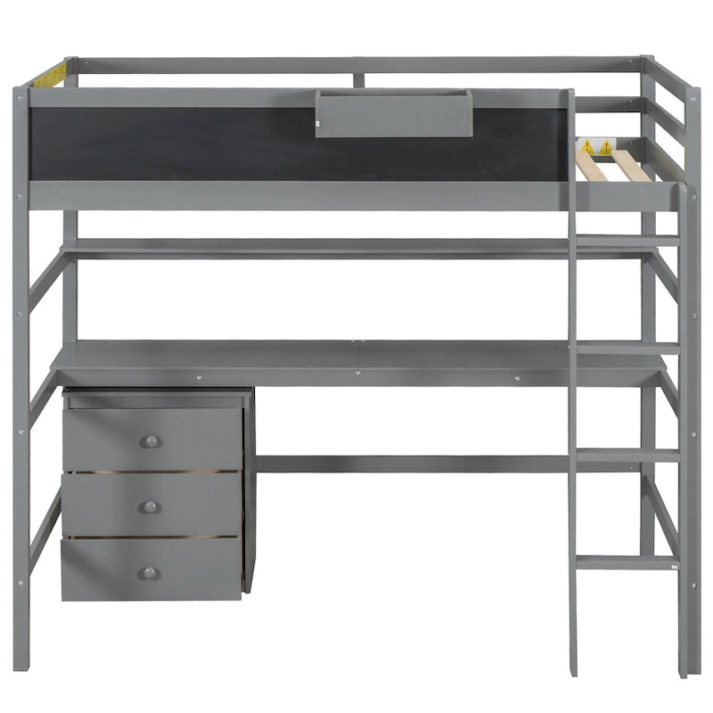 Gray Twin Size Solid Wood Loft Bed with Desk, Blackboard, and Storage