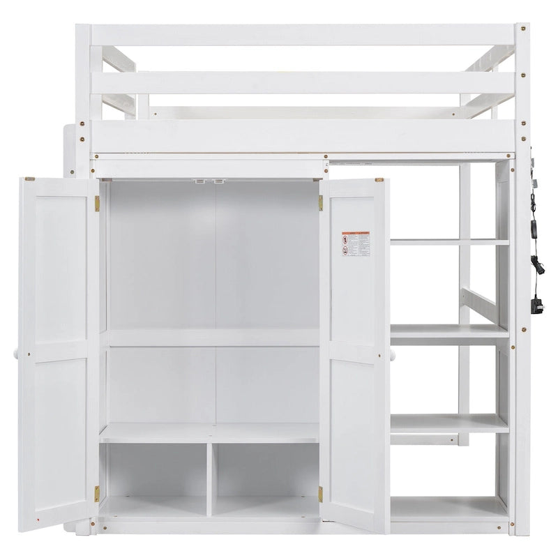 White Full Size Wood Loft Bed with Built-in Wardrobe and Shelves, LED Light