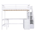 White Full Size Pine Wood Loft Bed with Built-in L-Shaped Desk and Three-Tier Storage Shelves, and Attached Storage Staircase