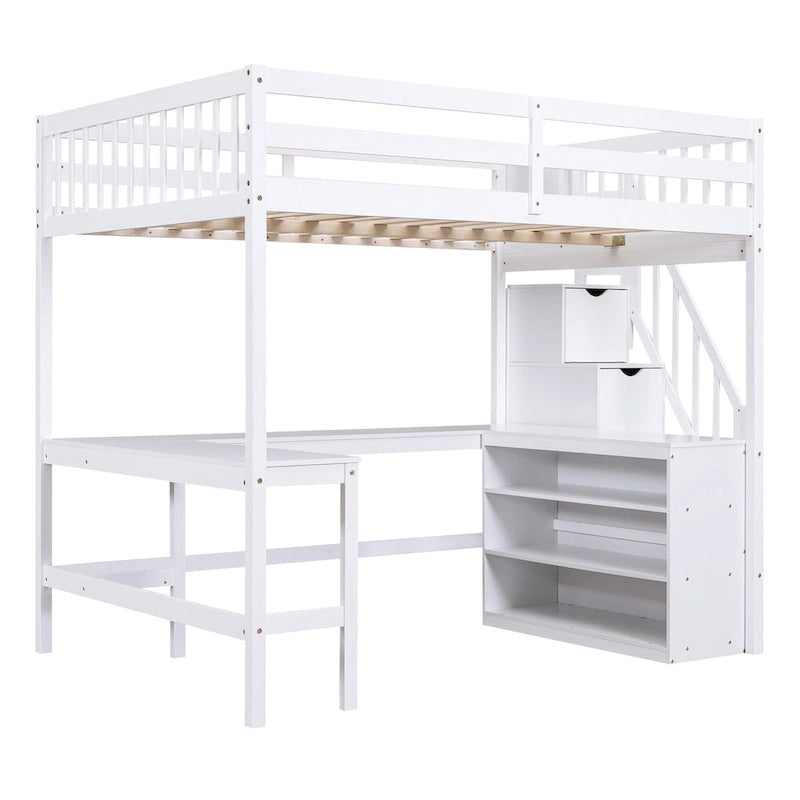 Weißes Etagenbett aus Kiefernholz in voller Größe mit integriertem L-förmigem Schreibtisch, dreistufigen Ablageregalen und angebauter Treppe mit Stauraum