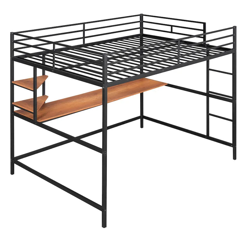 Black Full Size Metal Loft Bed with Desk, Ladder and Shelve for Kids, Teens, Girls, Boys