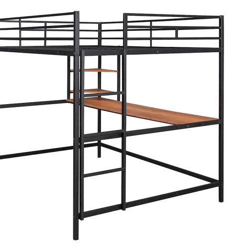 Black Full Size Metal Loft Bed with Desk, Ladder and Shelve for Kids, Teens, Girls, Boys