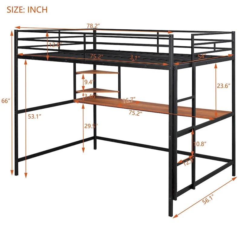 Black Full Size Metal Loft Bed with Desk, Ladder and Shelve for Kids, Teens, Girls, Boys