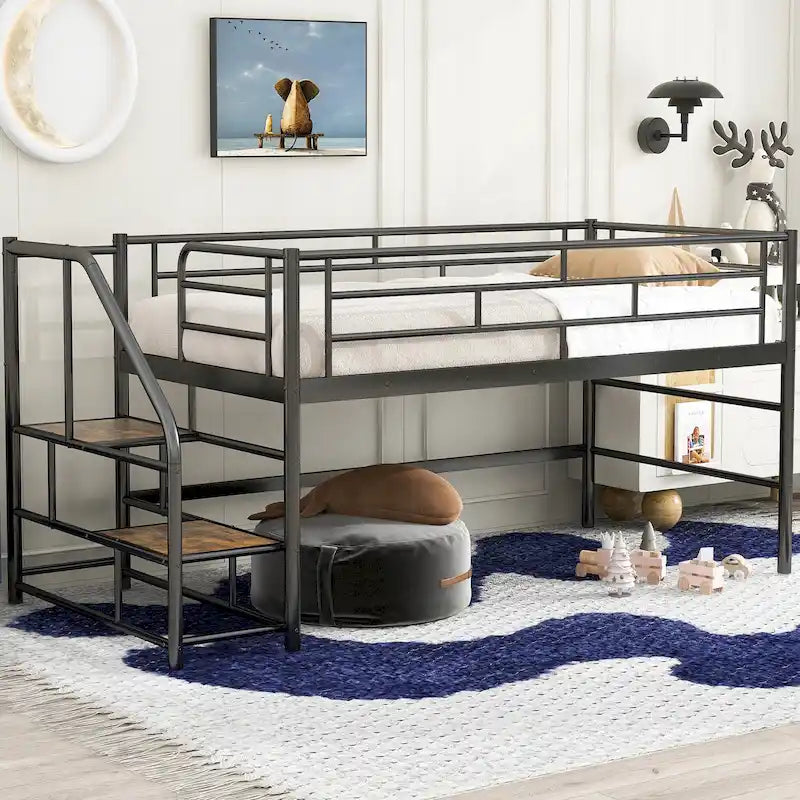 Schwarzes halbhohes Etagenbett aus MDF und Metall in Einzelbettgröße mit Treppe mit Stauraum und Schutzzaun für Kinder, Jungen und Mädchen, fürs Schlafzimmer