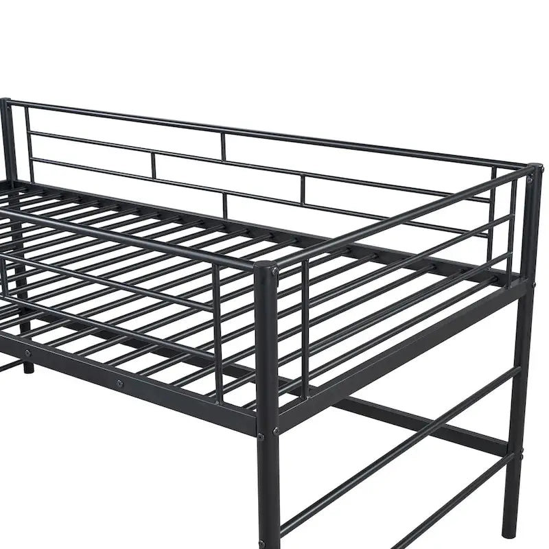 Black Twin Size MDF Metal Mid Loft Bed with Storage stairs and Fence for Kids, Boys and Girls, Bedroom
