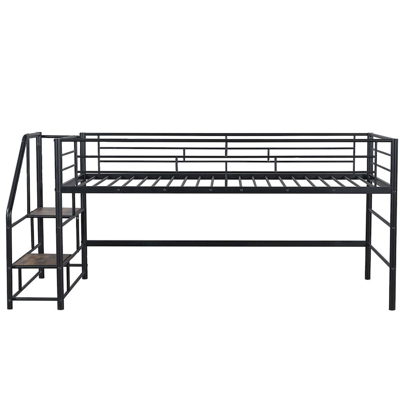 Black Twin Size MDF Metal Mid Loft Bed with Storage stairs and Fence for Kids, Boys and Girls, Bedroom