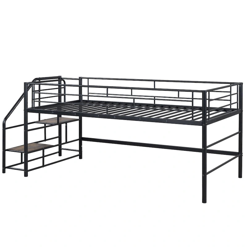 Black Twin Size MDF Metal Mid Loft Bed with Storage stairs and Fence for Kids, Boys and Girls, Bedroom