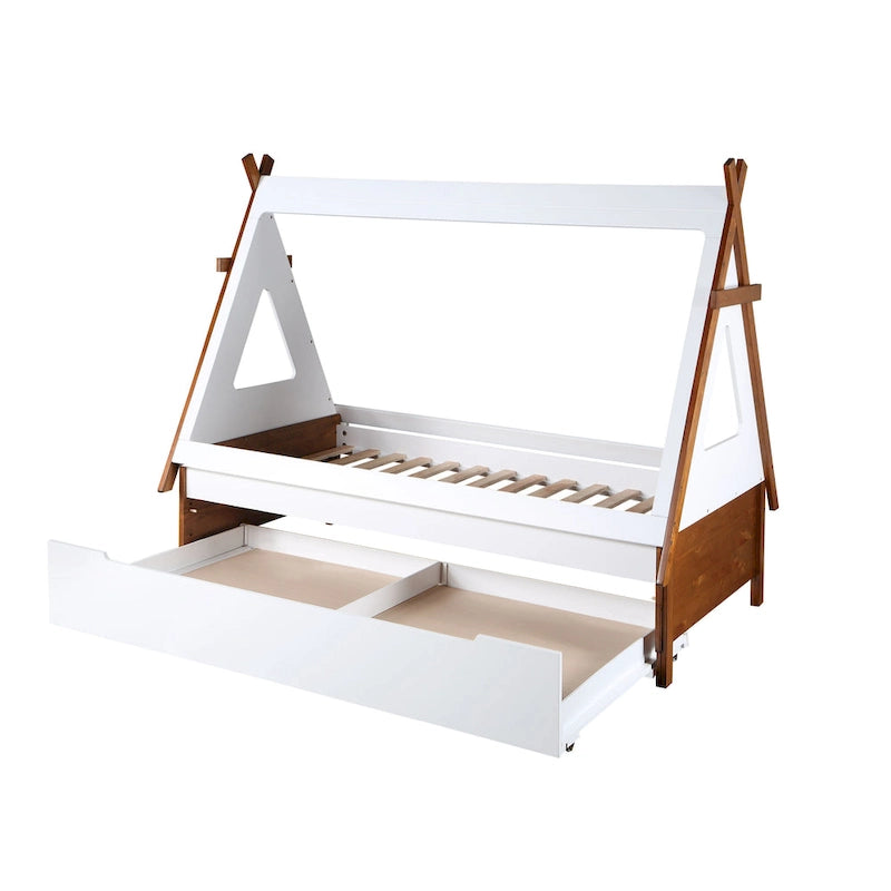 Wood Twin Size Tent Bed with Trundle, Storage Minimalist Design, Space-Saving, for Kids' Room