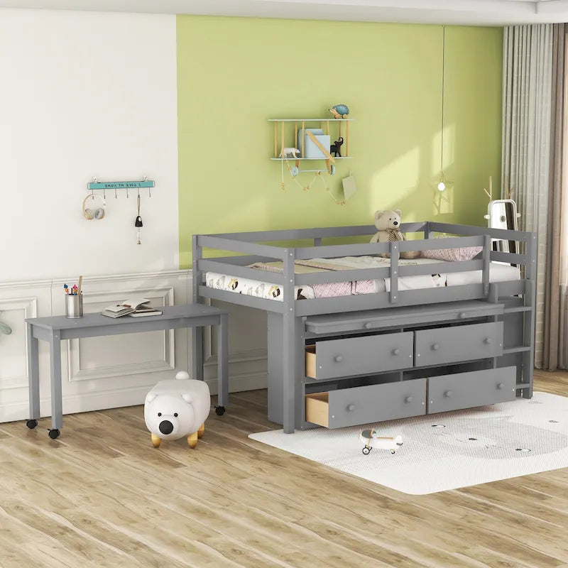 Graues Hochbett aus Massivholz in Twin-Größe mit ausziehbarem Schreibtisch und Schubladen