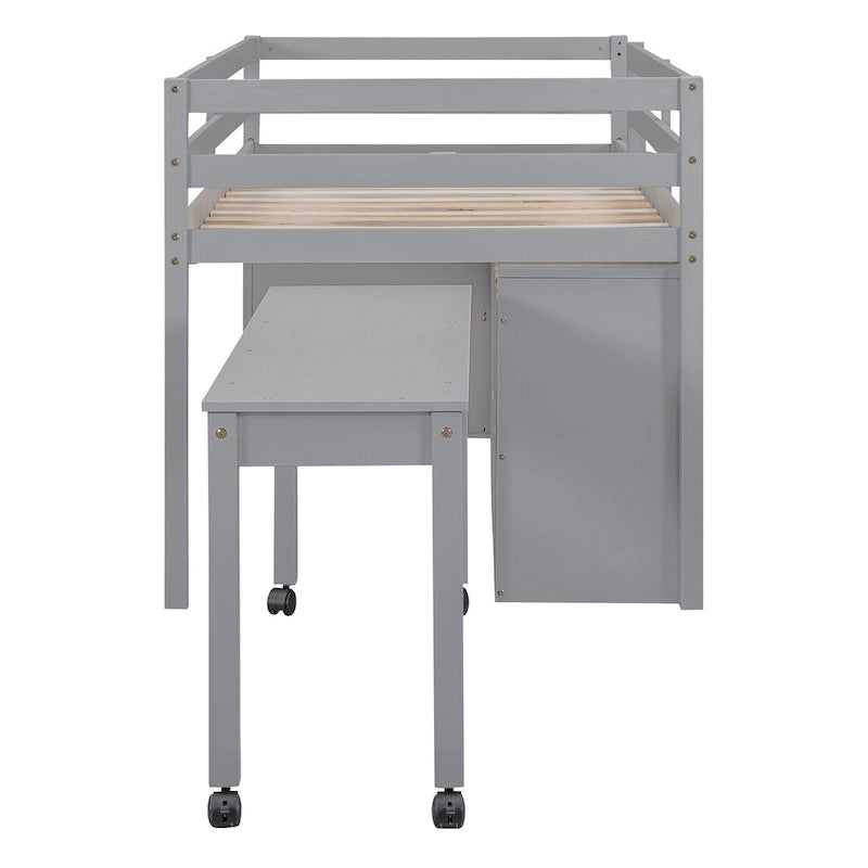 Gray Twin Size Solid Wood Loft Bed with Retractable Desk & Drawers