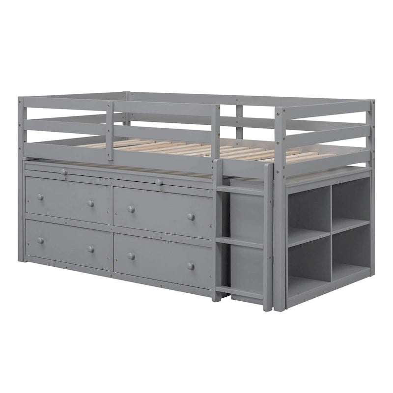 Gray Twin Size Solid Wood Loft Bed with Retractable Desk & Drawers
