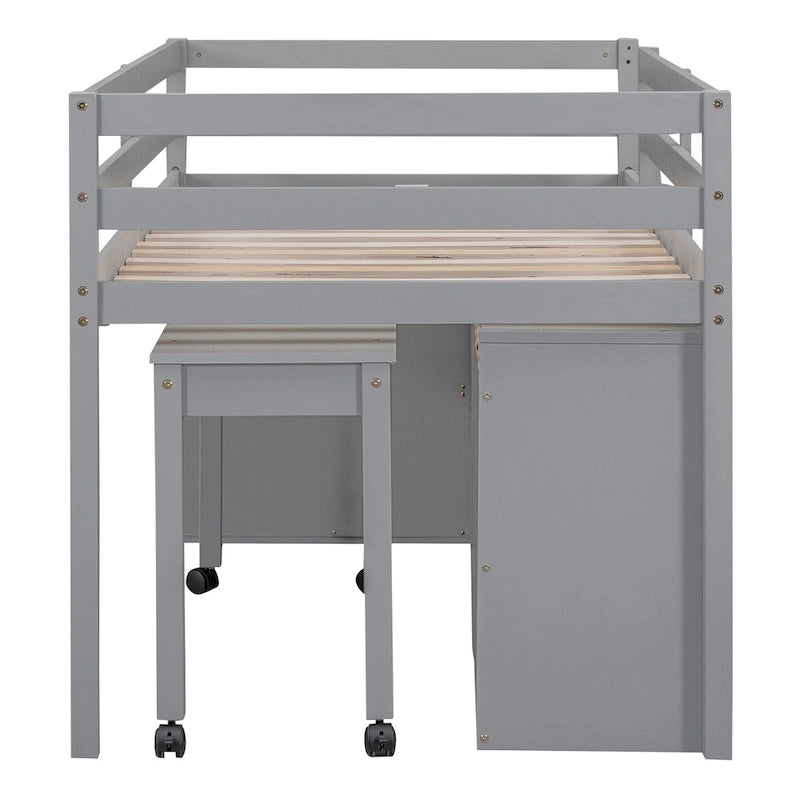 Graues Hochbett aus Massivholz in Twin-Größe mit ausziehbarem Schreibtisch und Schubladen