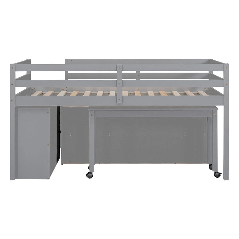Gray Twin Size Solid Wood Loft Bed with Retractable Desk & Drawers