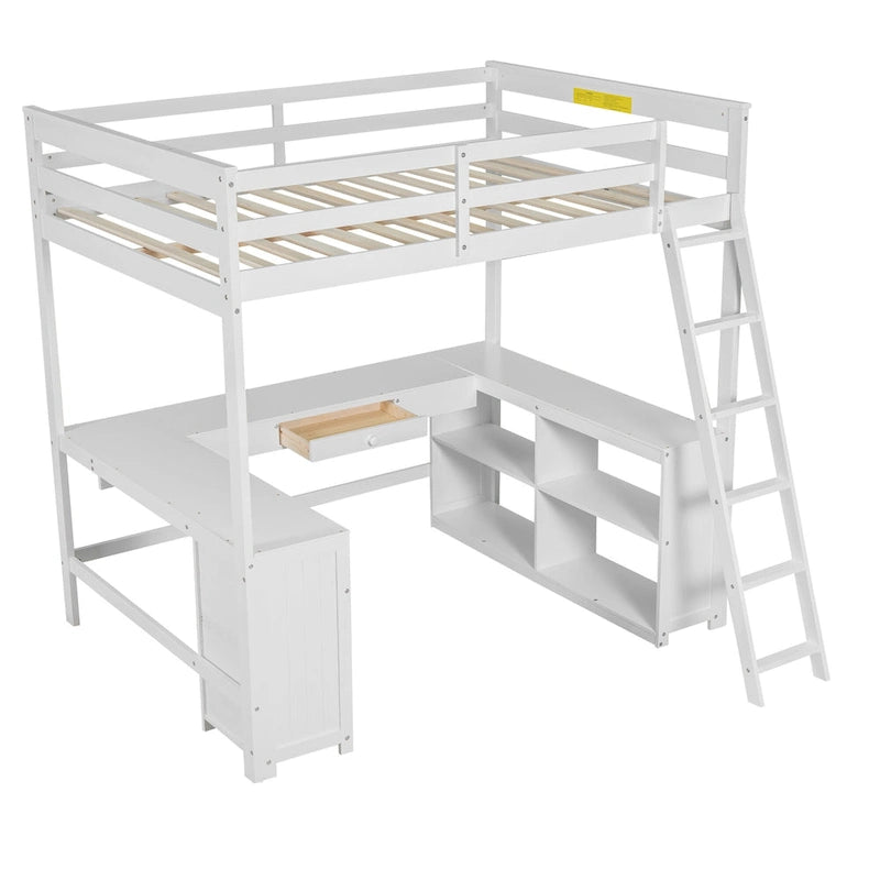 White Full Size Solid Wood Loft Bed with Desk, Blackboard & Drawers