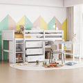 White Twin Size Wood Low Loft Bed with Pull-Out Desk and Shelves