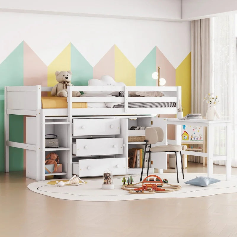White Twin Size Wood Low Loft Bed with Pull-Out Desk and Shelves
