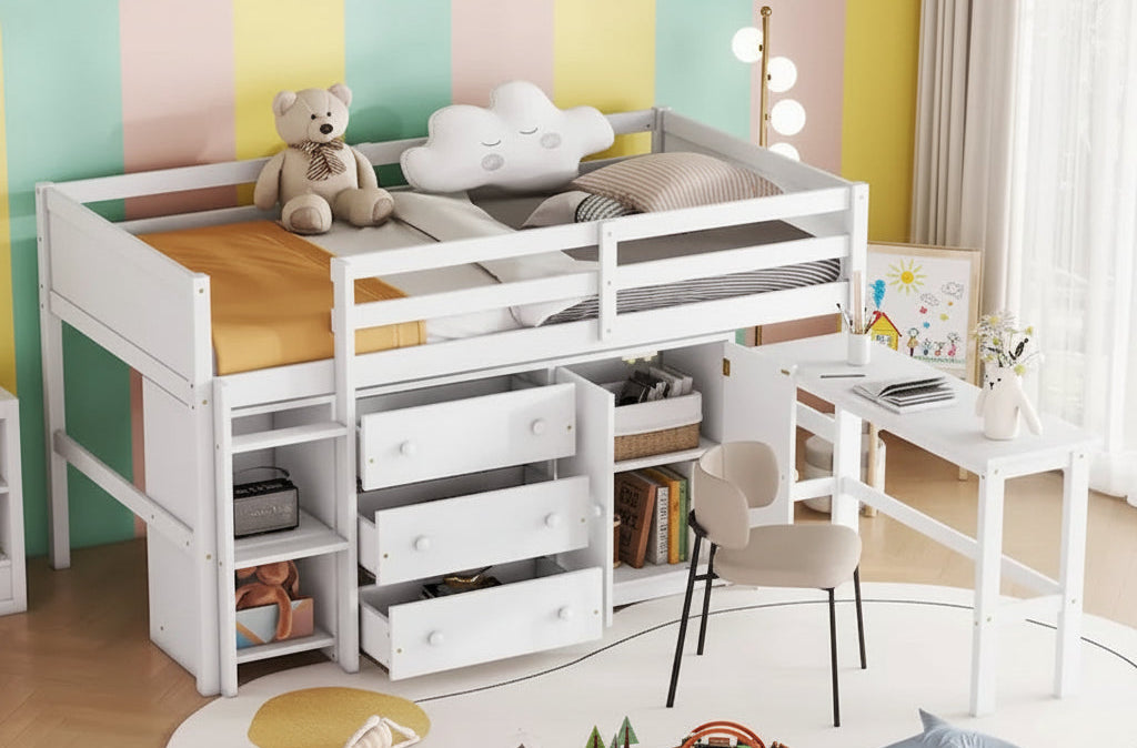White Twin Size Wood Low Loft Bed with Pull-Out Desk and Shelves