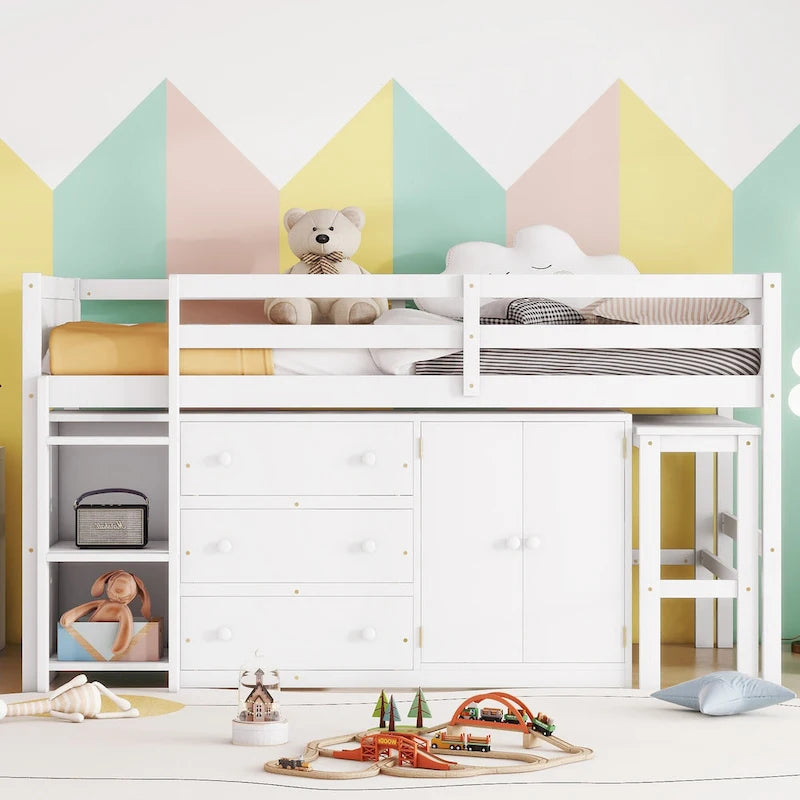 White Twin Size Wood Low Loft Bed with Pull-Out Desk and Shelves