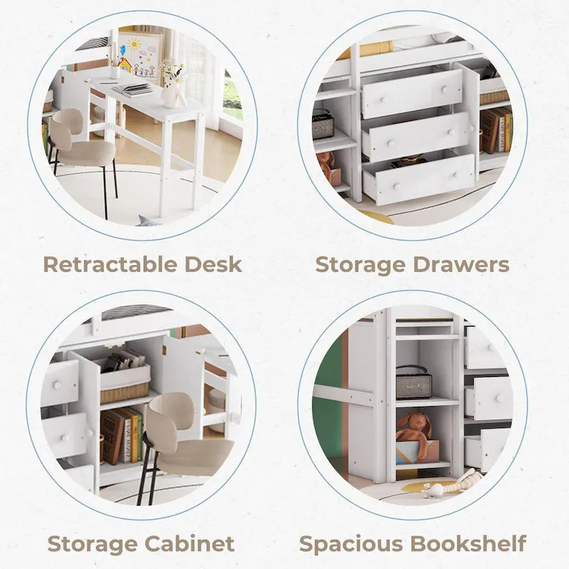 White Twin Size Wood Low Loft Bed with Pull-Out Desk and Shelves
