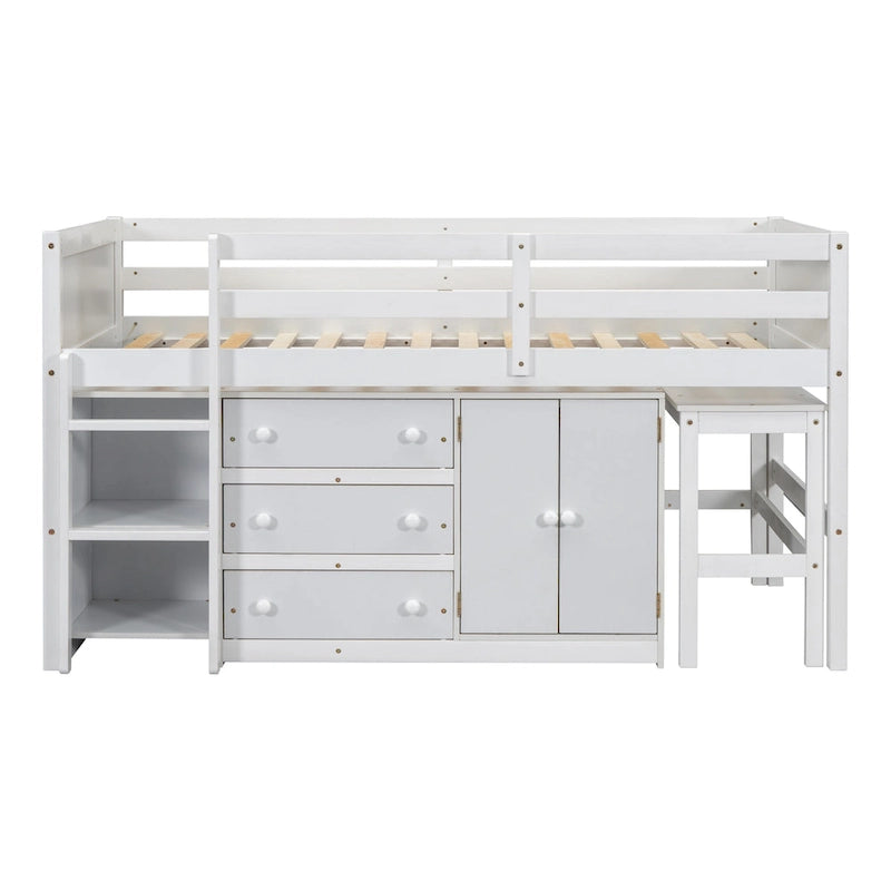 White Twin Size Wood Low Loft Bed with Pull-Out Desk and Shelves