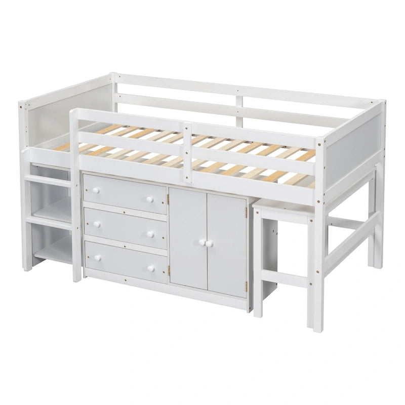 White Twin Size Wood Low Loft Bed with Pull-Out Desk and Shelves