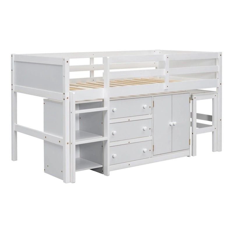 White Twin Size Wood Low Loft Bed with Pull-Out Desk and Shelves