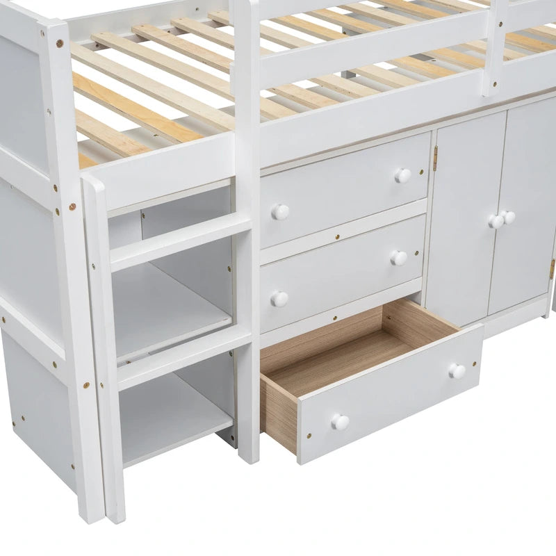 White Twin Size Wood Low Loft Bed with Pull-Out Desk and Shelves