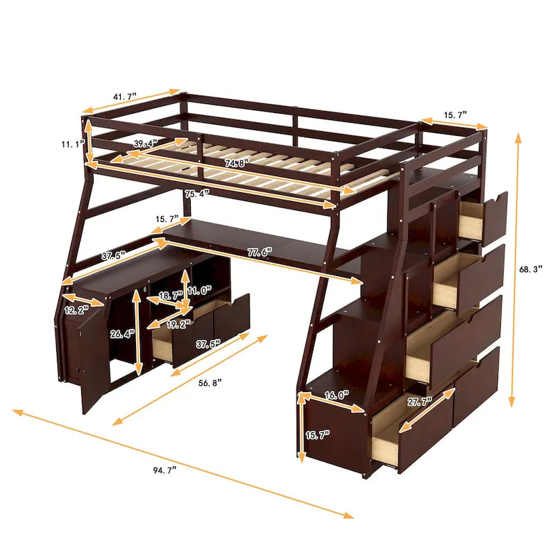 Hochbett aus Kiefernholz in Twin-Größe mit Schreibtisch und Stauraum