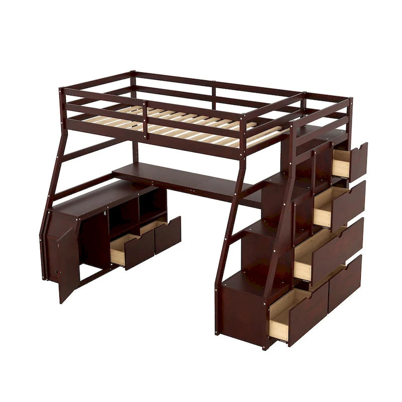 Hochbett aus Kiefernholz in Twin-Größe mit Schreibtisch und Stauraum