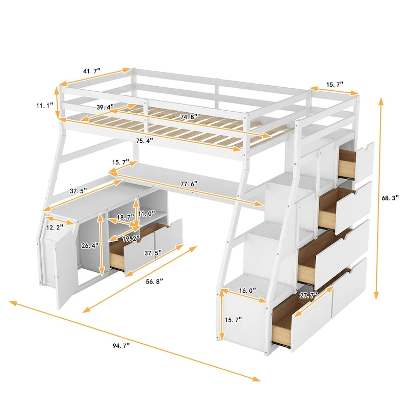 Hochbett aus Kiefernholz in Twin-Größe mit Schreibtisch und Stauraum