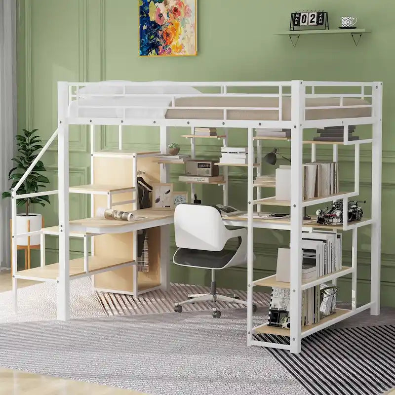 Letto a soppalco in metallo bianco, matrimoniale, con scala contenitore e armadio