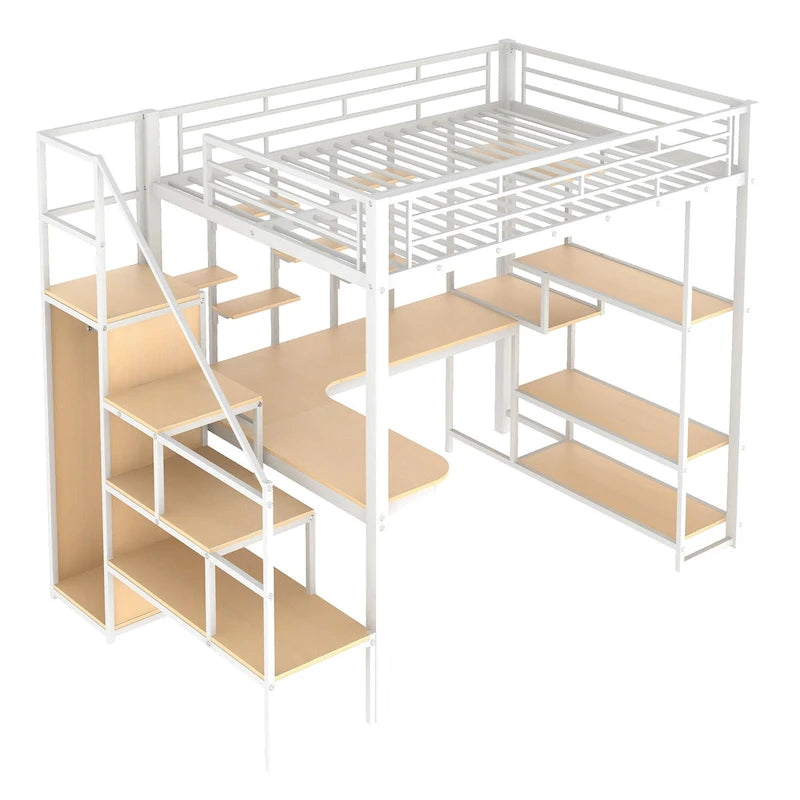 White Full Metal Loft Bed with Storage Staircase & Wardrobe