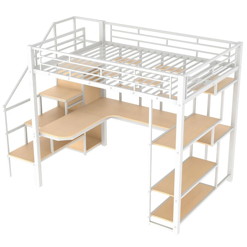 White Full Metal Loft Bed with Storage Staircase & Wardrobe