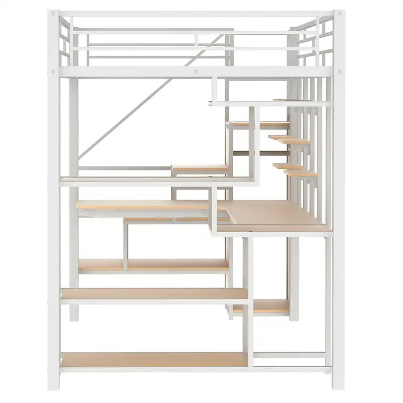 Letto a soppalco in metallo bianco, matrimoniale, con scala contenitore e armadio