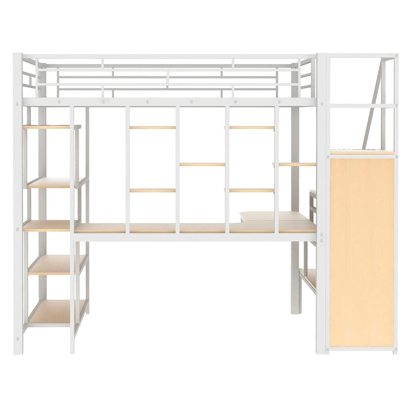 White Full Metal Loft Bed with Storage Staircase & Wardrobe