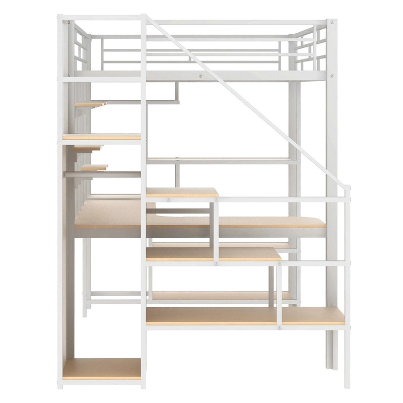 Letto a soppalco in metallo bianco, matrimoniale, con scala contenitore e armadio
