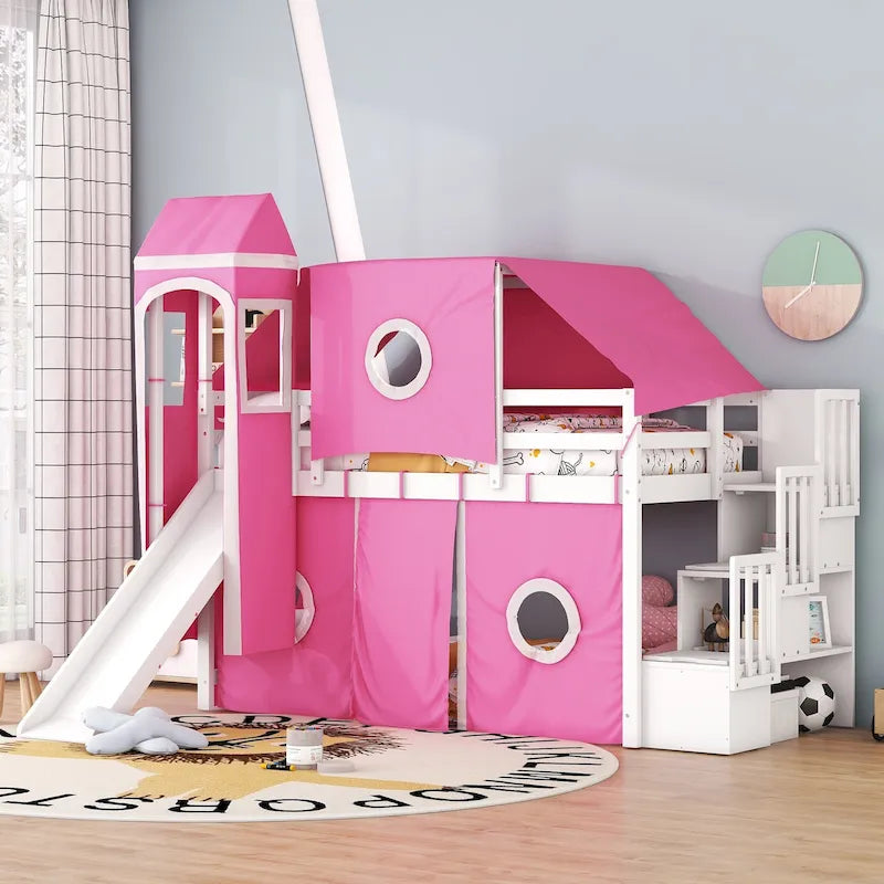 Cama alta de pino de tamaño Twin con escalera, tobogán, tienda, torre y barandilla