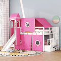 Cama alta de pino de tamaño Twin con escalera, tobogán, tienda, torre y barandilla