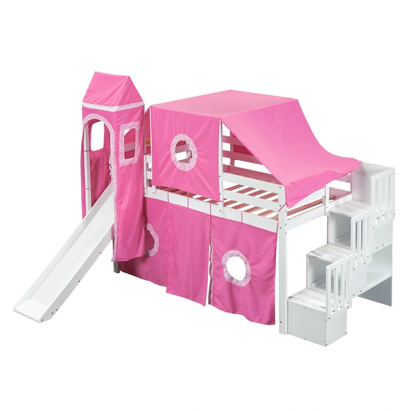 Cama alta de pino de tamaño Twin con escalera, tobogán, tienda, torre y barandilla