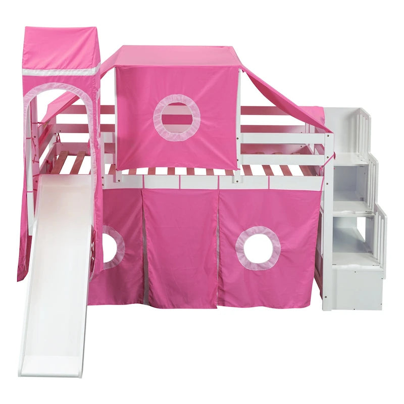 Cama alta de pino de tamaño Twin con escalera, tobogán, tienda, torre y barandilla