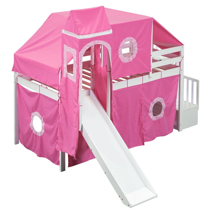 Cama alta de pino de tamaño Twin con escalera, tobogán, tienda, torre y barandilla