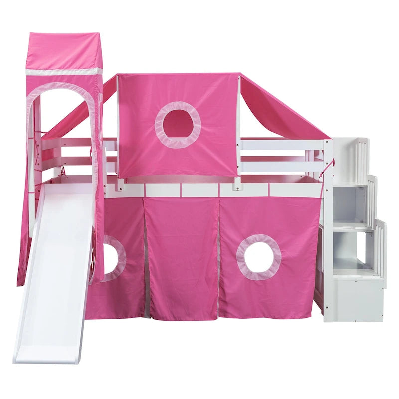 Cama alta de pino de tamaño Twin con escalera, tobogán, tienda, torre y barandilla